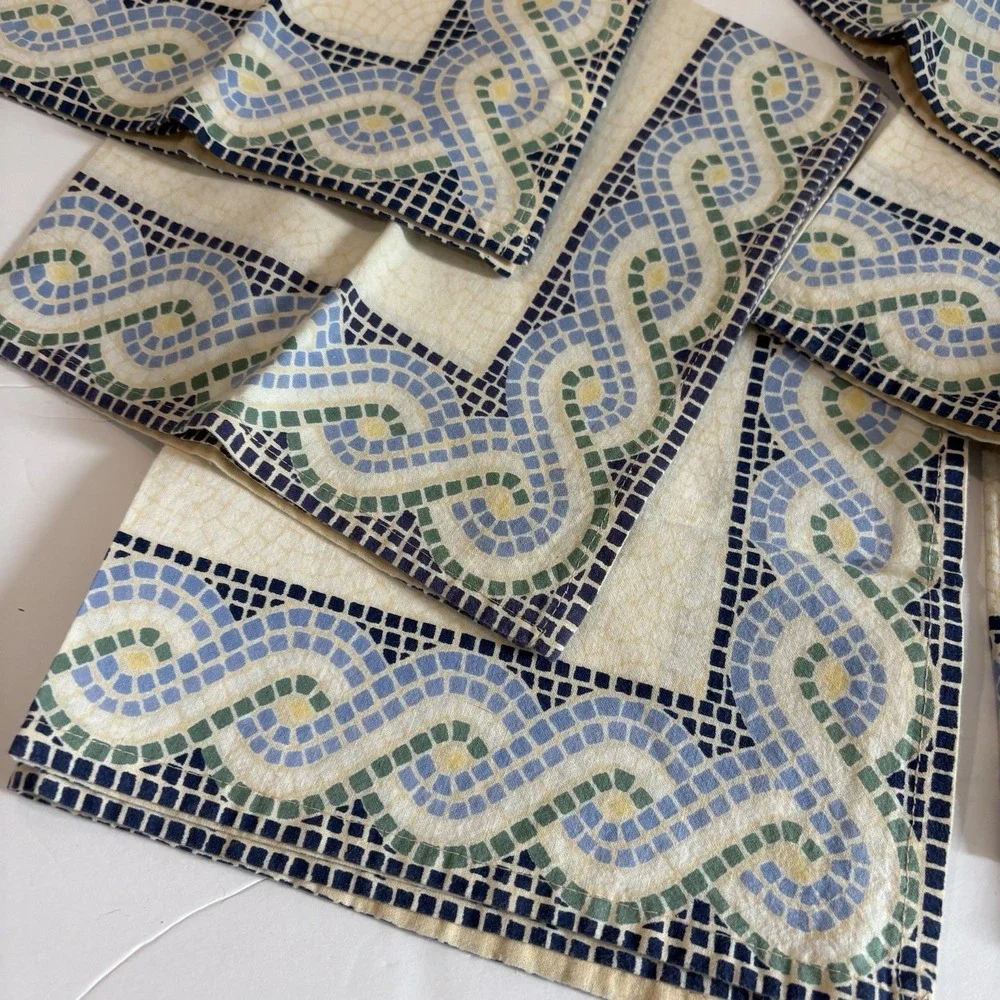 Pottery Barn Napkin Set (6) Cotton Cream Blue Green Yellow Mosaic Border 19
